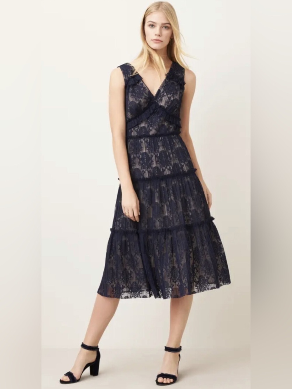 Maggy London Dress Womens 2 Petite Navy Blue Beige Lace Midi V Neck